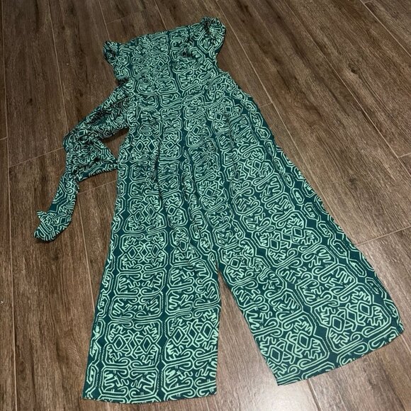 Noa Noa malachite Green jumpsuit tie back Romper wide leg crop pants bottom S - Picture 1 of 11